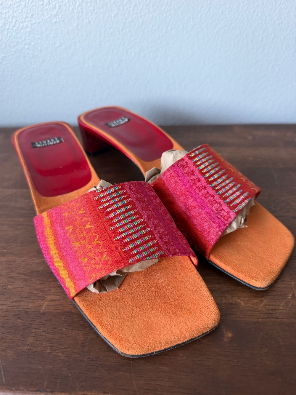 Stuart Weitzman 90s Y2K Aztec Embrodiered slide low block heels Women’s 9 NARROW